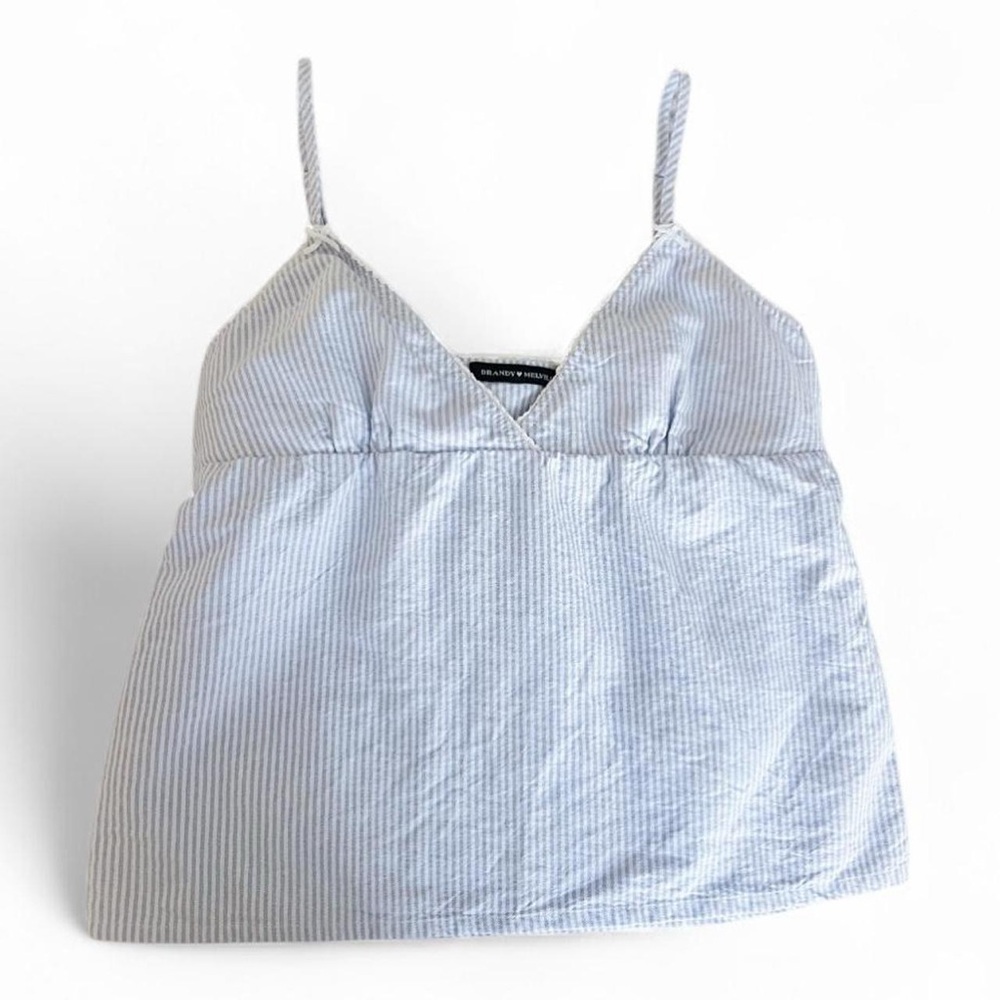 Brandy Melville White and Light Blue Edith Striped Bow & Lace Babydoll Tank